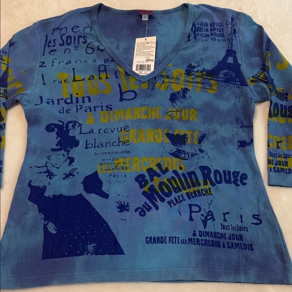 Glima Blue & Yellow Moulin Rouge Graphic  Print V-Neck 3/4 Sleeve Cotton Top - Picture 10 of 12
